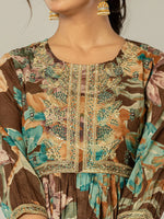 Thumbnail for Yufta Brown Floral Print Mulmul Fit And Flare Suit Set