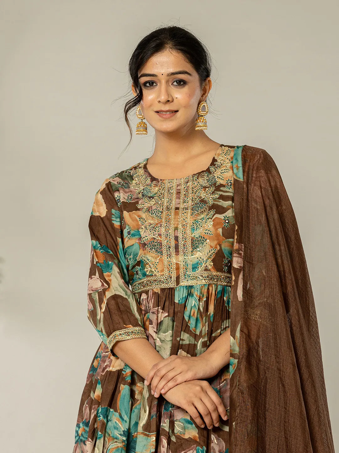 Yufta Brown Floral Print Mulmul Fit And Flare Suit Set