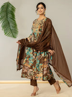 Thumbnail for Yufta Brown Floral Print Mulmul Fit And Flare Suit Set