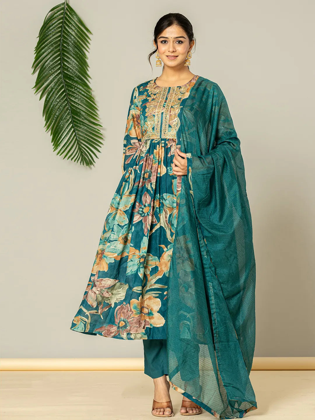 Yufta Teal Blue Floral Print Mulmul Fit And Flare Suit Set