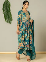 Thumbnail for Yufta Teal Blue Floral Print Mulmul Fit And Flare Suit Set