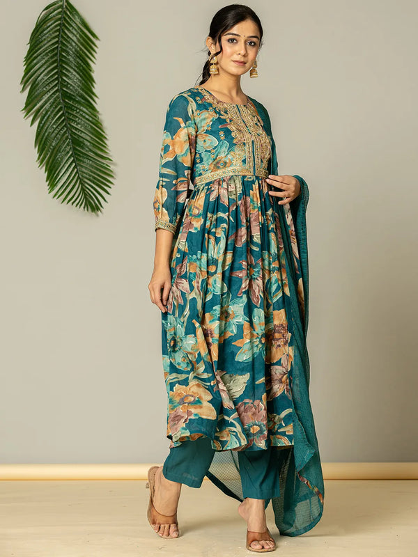 Yufta Teal Blue Floral Print Mulmul Fit And Flare Suit Set