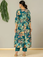 Thumbnail for Yufta Teal Blue Floral Print Mulmul Fit And Flare Suit Set