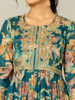 Thumbnail for Yufta Teal Blue Floral Print Mulmul Fit And Flare Suit Set