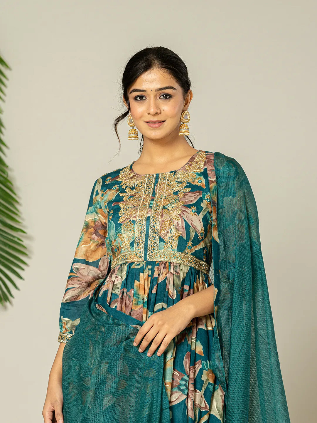 Yufta Teal Blue Floral Print Mulmul Fit And Flare Suit Set