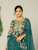 Thumbnail for Yufta Teal Blue Floral Print Mulmul Fit And Flare Suit Set