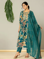 Thumbnail for Yufta Teal Blue Floral Print Mulmul Fit And Flare Suit Set