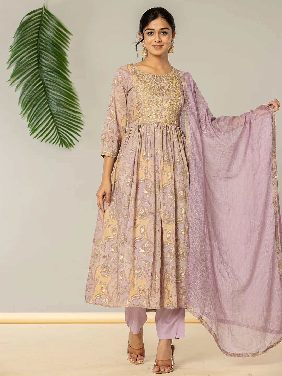 Yufta Purple Floral Print Mulmul Fit And Flare Suit Set - Distacart