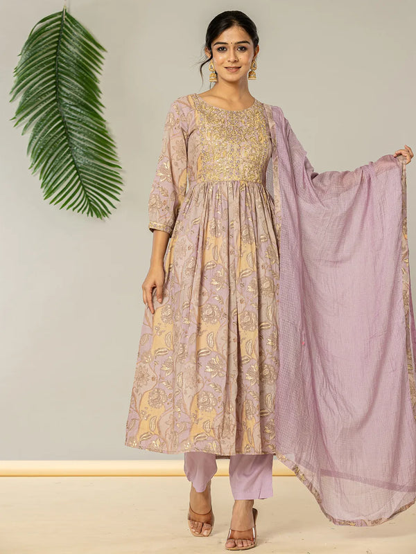 Yufta Purple Floral Print Mulmul Fit And Flare Suit Set