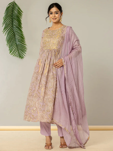 Yufta Purple Floral Print Mulmul Fit And Flare Suit Set