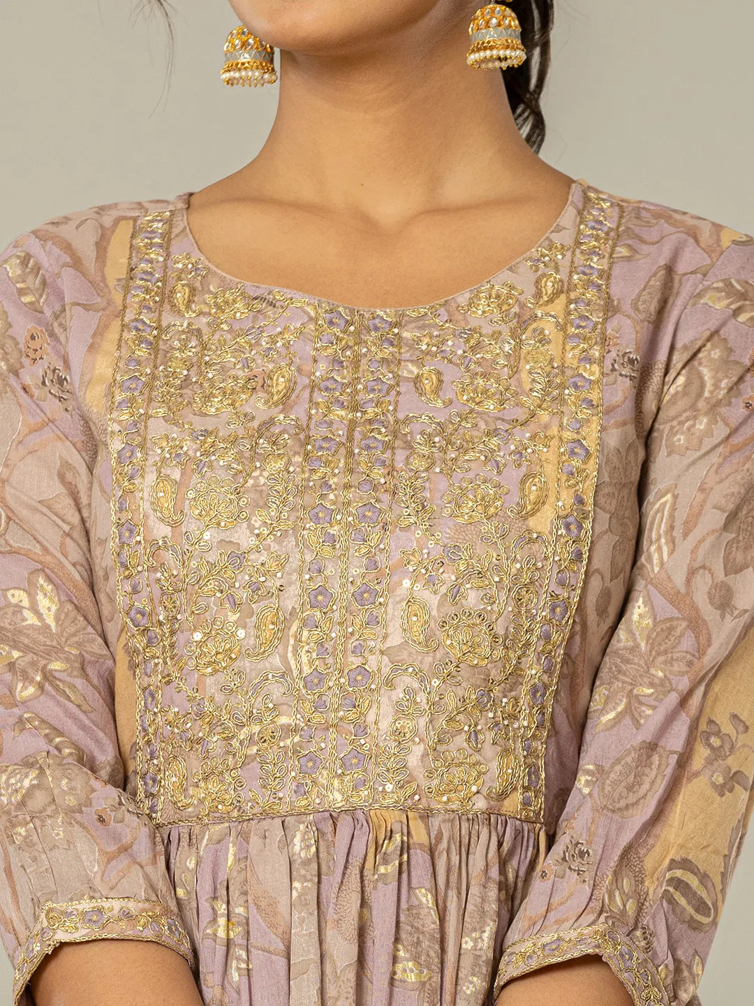 Yufta Purple Floral Print Mulmul Fit And Flare Suit Set