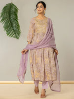 Thumbnail for Yufta Purple Floral Print Mulmul Fit And Flare Suit Set