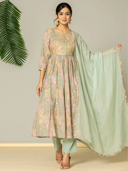 Yufta Sea Green Floral Print Mulmul Fit And Flare Suit Set