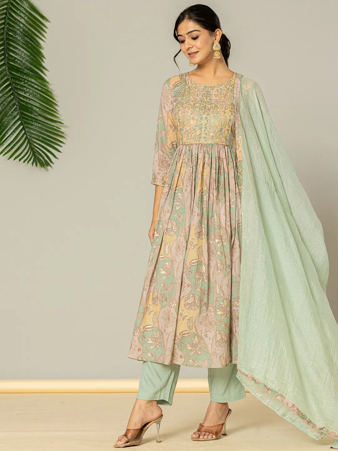 Yufta Sea Green Floral Print Mulmul Fit And Flare Suit Set - Distacart