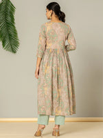Thumbnail for Yufta Sea Green Floral Print Mulmul Fit And Flare Suit Set