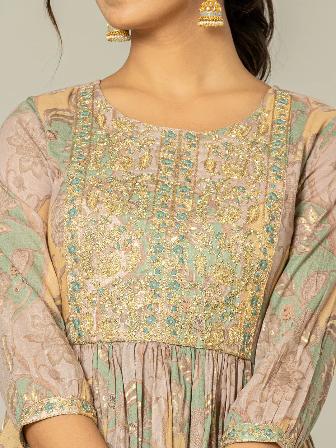 Yufta Sea Green Floral Print Mulmul Fit And Flare Suit Set
