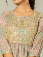 Thumbnail for Yufta Sea Green Floral Print Mulmul Fit And Flare Suit Set