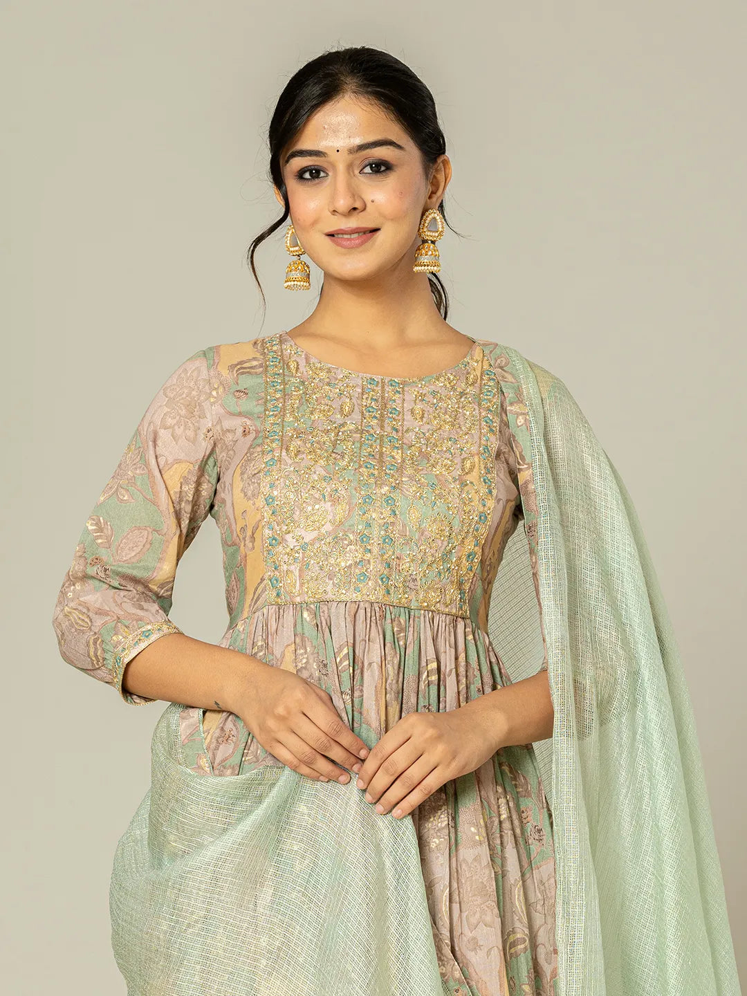 Yufta Sea Green Floral Print Mulmul Fit And Flare Suit Set