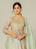 Thumbnail for Yufta Sea Green Floral Print Mulmul Fit And Flare Suit Set