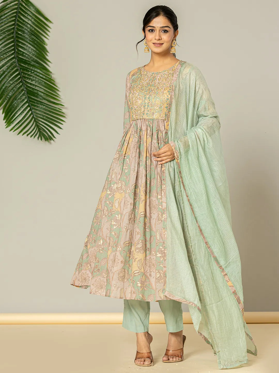 Yufta Sea Green Floral Print Mulmul Fit And Flare Suit Set