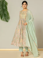 Thumbnail for Yufta Sea Green Floral Print Mulmul Fit And Flare Suit Set
