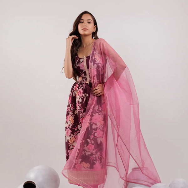 Yufta Burgundy Floral Print Cotton Fit And Flare Kurta Trouser & Dupatta Set - Distacart