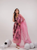 Thumbnail for Yufta Burgundy Floral Print Cotton Fit And Flare Kurta Trouser & Dupatta Set