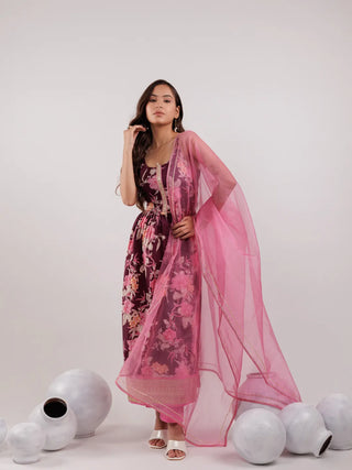 Yufta Burgundy Floral Print Cotton Fit And Flare Kurta Trouser & Dupatta Set - Distacart