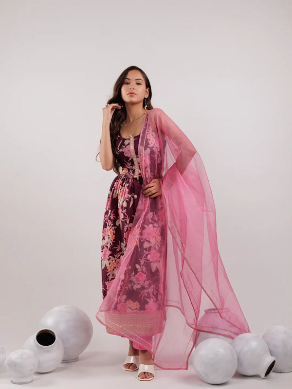 Yufta Burgundy Floral Print Cotton Fit And Flare Kurta Trouser & Dupatta Set
