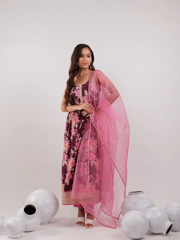 Yufta Burgundy Floral Print Cotton Fit And Flare Kurta Trouser & Dupatta Set