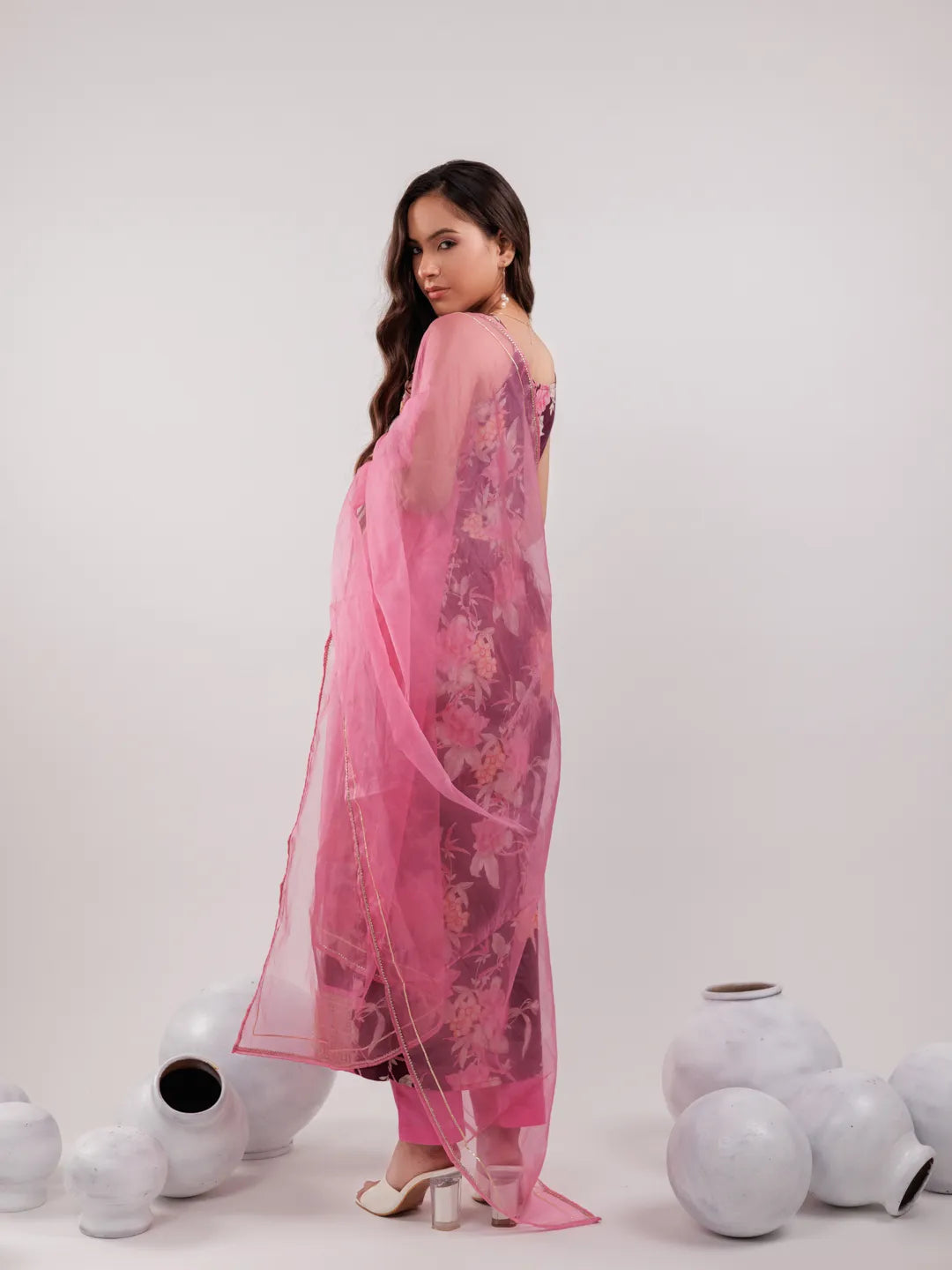 Yufta Burgundy Floral Print Cotton Fit And Flare Kurta Trouser & Dupatta Set