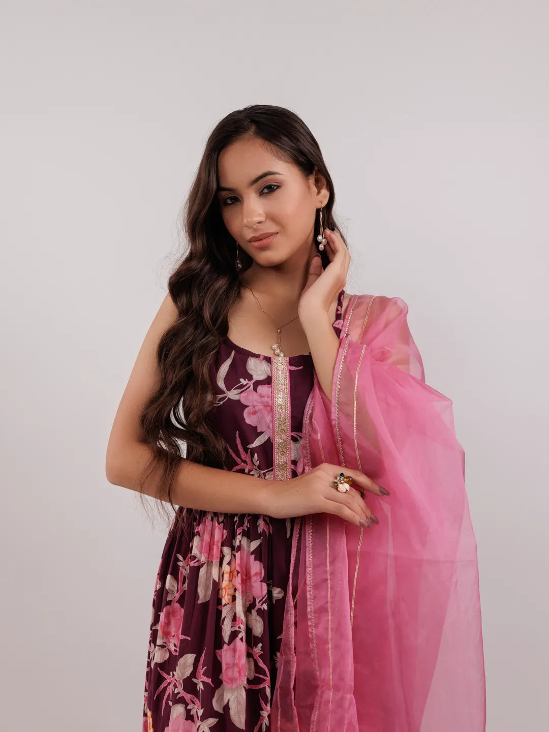 Yufta Burgundy Floral Print Cotton Fit And Flare Kurta Trouser & Dupatta Set