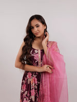 Thumbnail for Yufta Burgundy Floral Print Cotton Fit And Flare Kurta Trouser & Dupatta Set