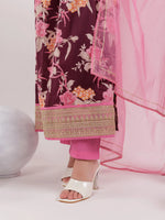 Thumbnail for Yufta Burgundy Floral Print Cotton Fit And Flare Kurta Trouser & Dupatta Set