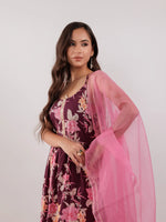 Thumbnail for Yufta Burgundy Floral Print Cotton Fit And Flare Kurta Trouser & Dupatta Set
