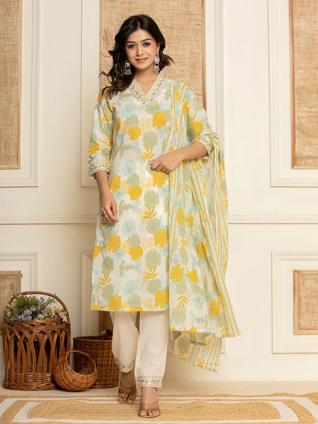 Yufta Cotton Yellow embroidered Kurta Dupatta Set - Distacart