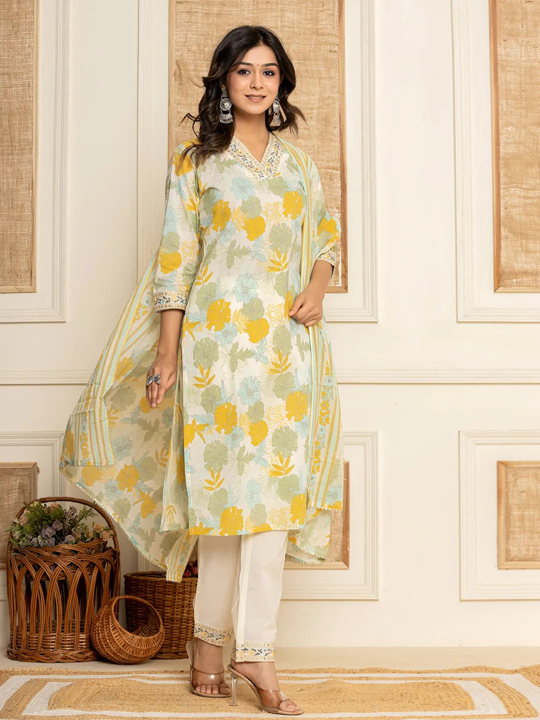 Yufta Cotton Yellow embroidered Kurta Dupatta Set - Distacart