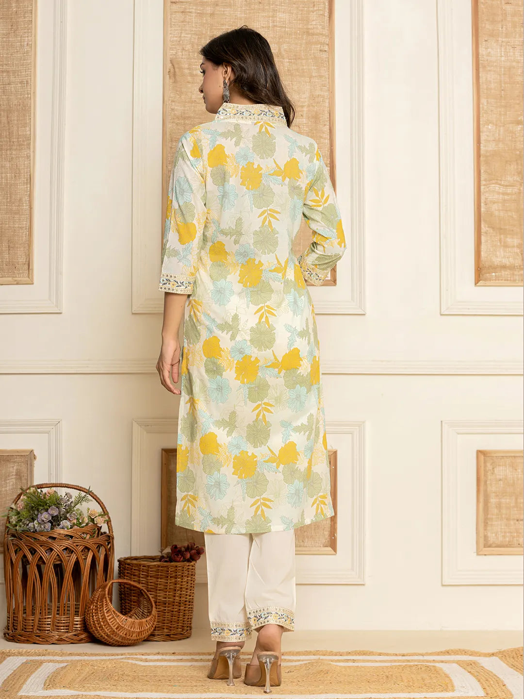 Yufta Cotton Yellow embroidered Kurta Dupatta Set - Distacart