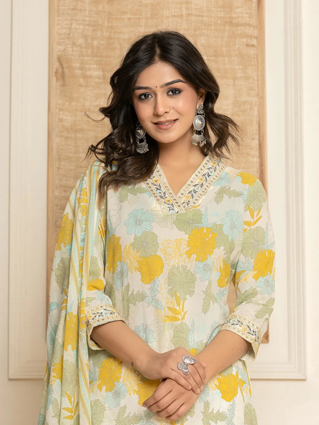 Yufta Cotton Yellow embroidered Kurta Dupatta Set - Distacart