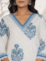 Thumbnail for Yufta Blue And White Floral Print Cotton Kurta And Harem Pants With Dupatta Set - Distacart