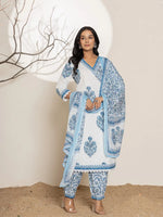 Thumbnail for Yufta Blue And White Floral Print Cotton Kurta And Harem Pants With Dupatta Set - Distacart