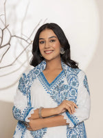 Thumbnail for Yufta Blue And White Floral Print Cotton Kurta And Harem Pants With Dupatta Set - Distacart