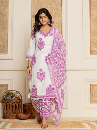 Yufta Cotton Lavender Kurta Dupatta Set