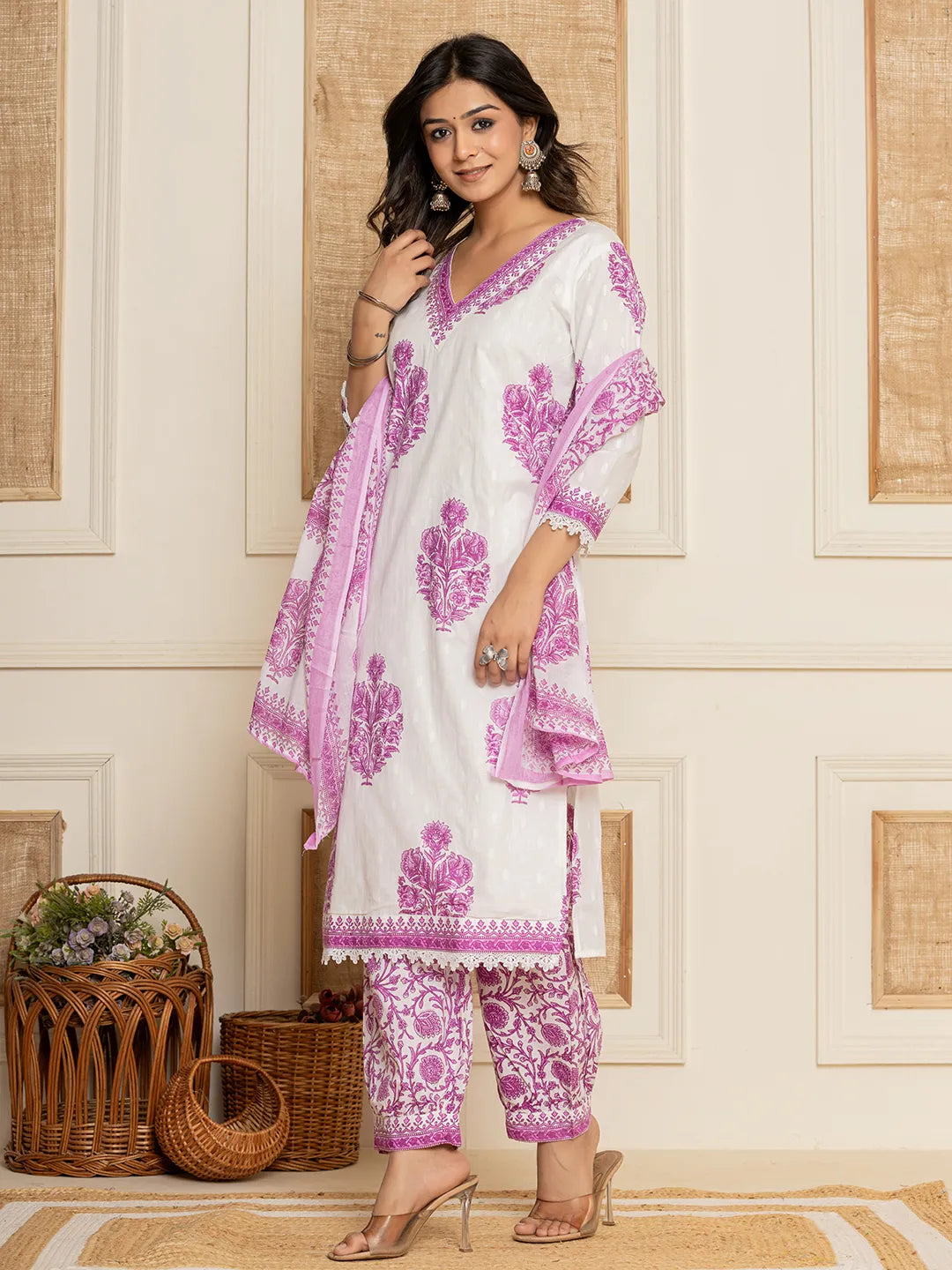 Yufta Cotton Lavender Kurta Dupatta Set - Distacart