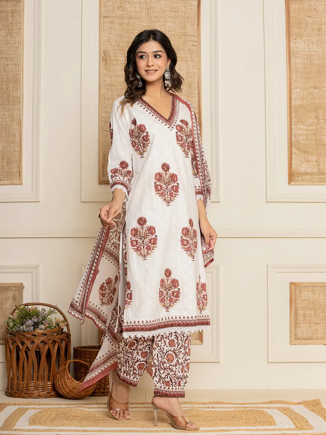 Yufta Cotton Maroon Kurta Dupatta Set - Distacart