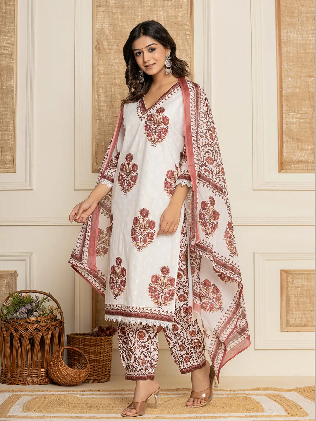 Yufta Cotton Maroon Kurta Dupatta Set - Distacart