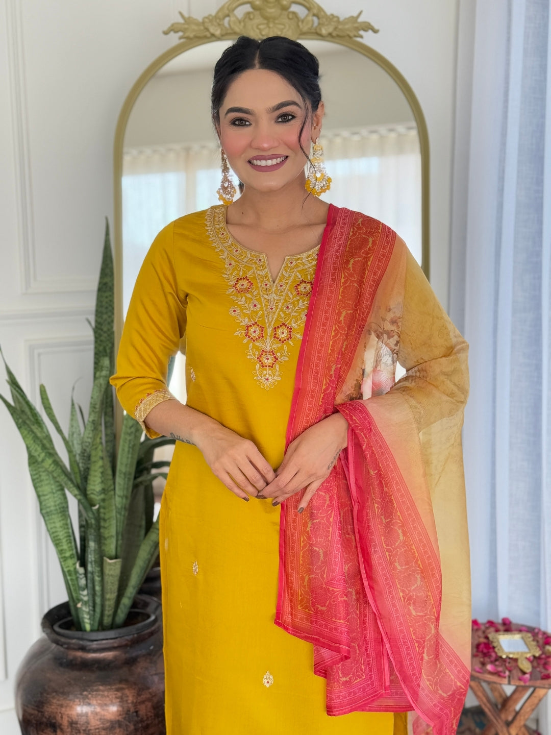 The52 Women's Beautiful Rayon Embroidery work Straight Kurta with Pant and Dupatta Set