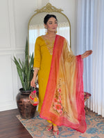 Thumbnail for The52 Women's Beautiful Rayon Embroidery work Straight Kurta with Pant and Dupatta Set