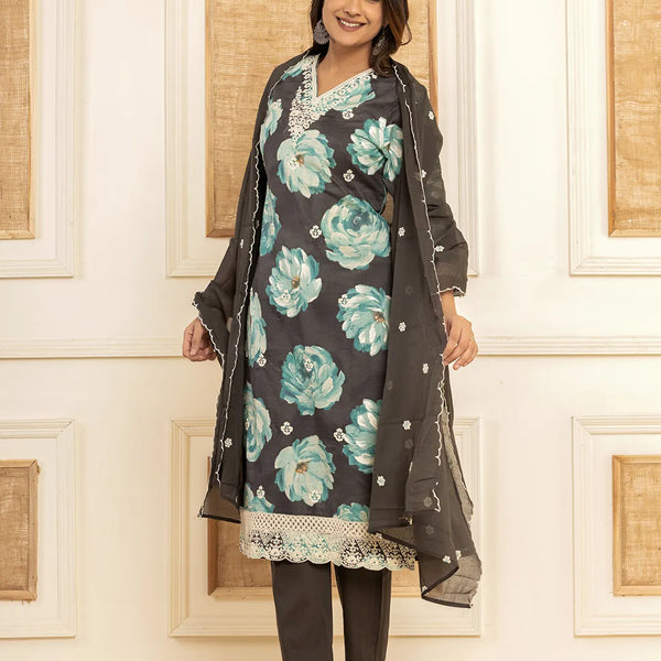 Yufta Black Floral Print Cotton Straight Side Slits Kurta And Trouser With Dupatta Set - Distacart