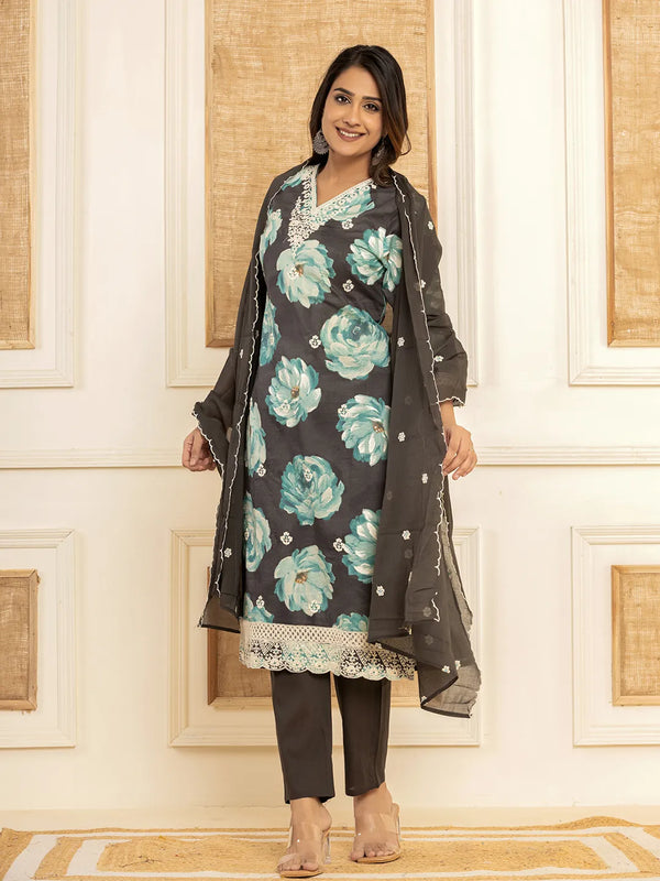 Yufta Black Floral Print Cotton Straight Side Slits Kurta And Trouser With Dupatta Set